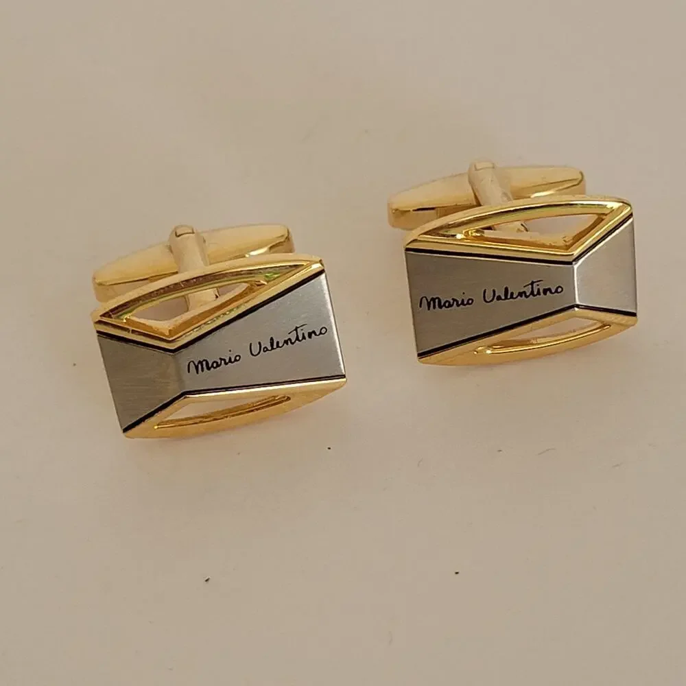 Mario‎ Valentino Gold Silver Tone Logo Cufflinks Geometric Vintage Retro Italian